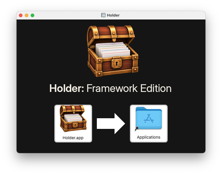 The Holder macOS disk image showing Holder.app being dragged to Applications