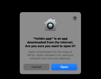 macOS asking whether to open Holder because it was downloaded from the internet