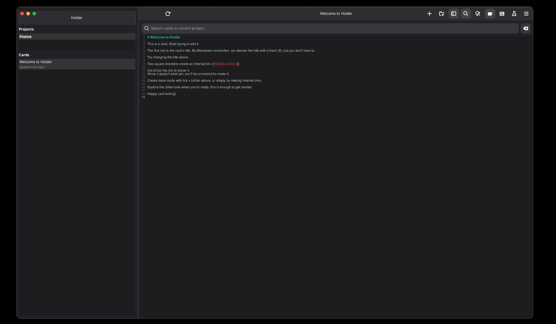 Holder running on macOS with the default Home project open