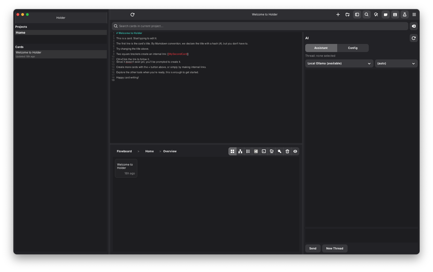 Holder running on macOS with the toolbox and AI panel visible