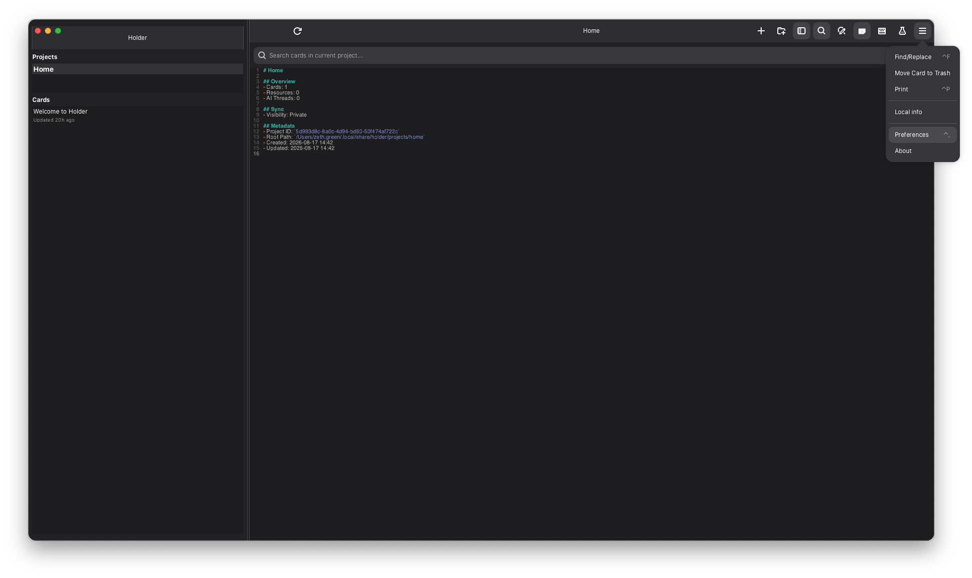 Holder on macOS with the hamburger menu open and Preferences visible