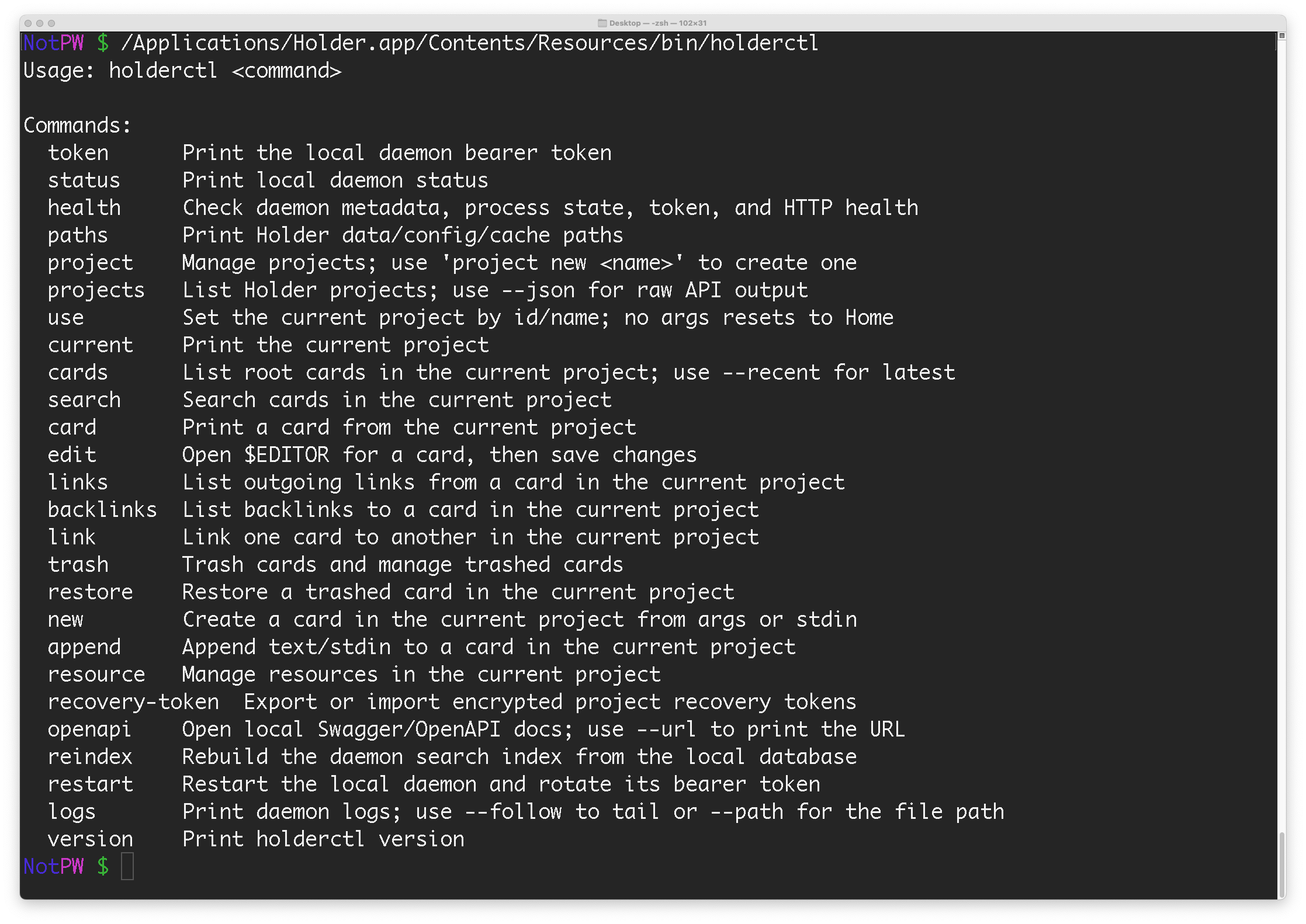 holderctl running in a Terminal on macOS