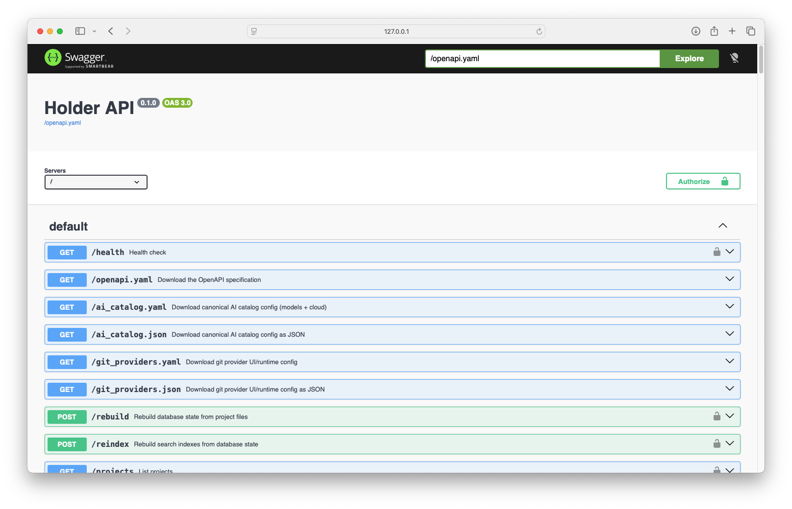 Holder API documentation open in a browser on macOS