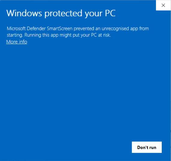 Windows SmartScreen showing the Windows protected your PC warning