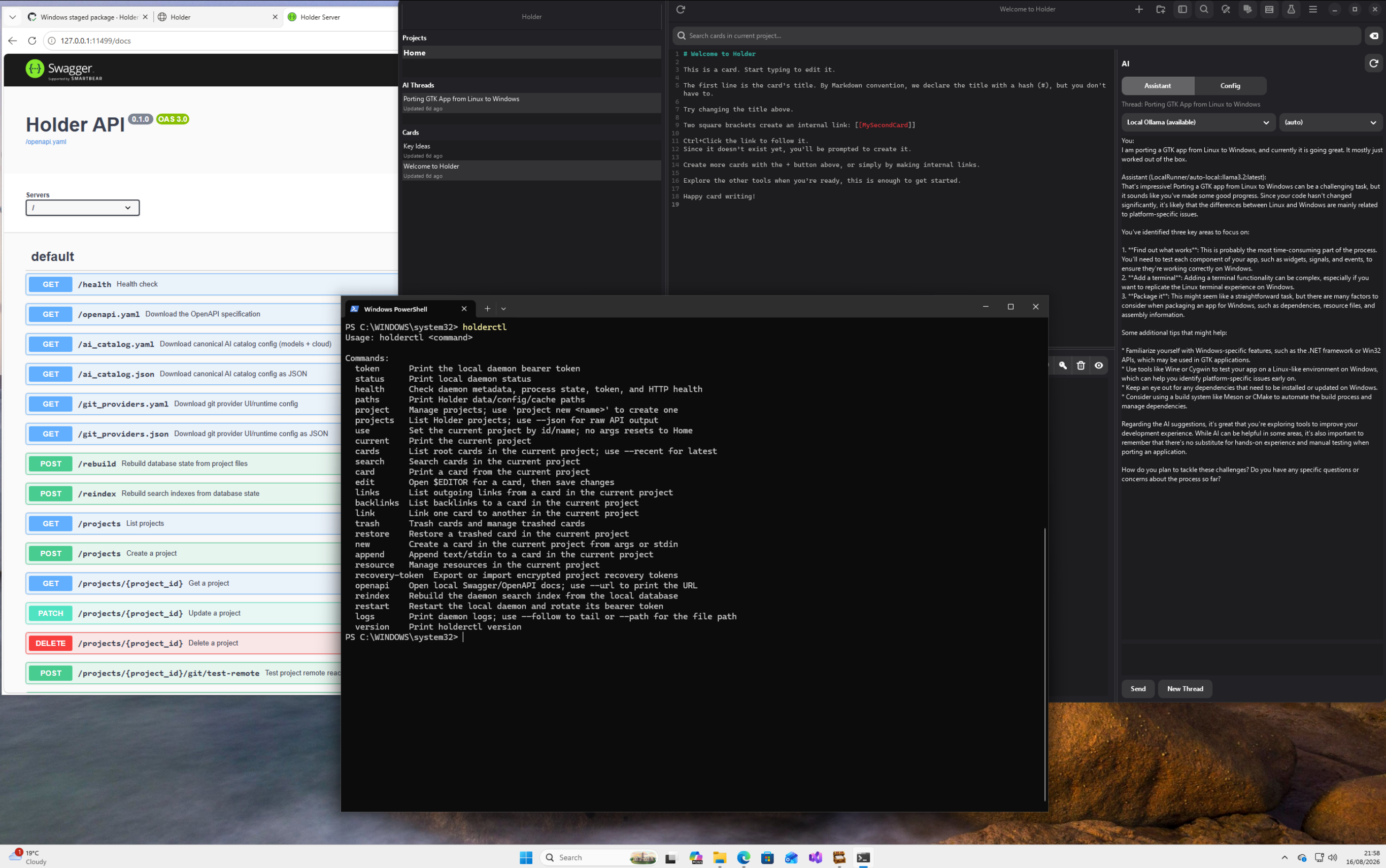 Holder on Windows showing the desktop app, command line interface and browser API documentation