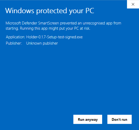 Windows SmartScreen showing the Run anyway button after expanding More info