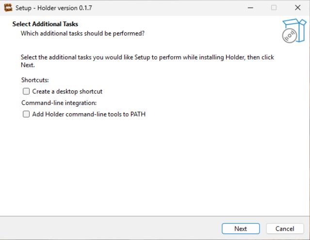 The Holder installer showing setup options including adding Holder command line tools to PATH