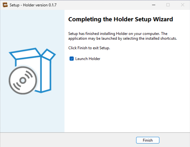The Holder installer completion screen with the launch option selected