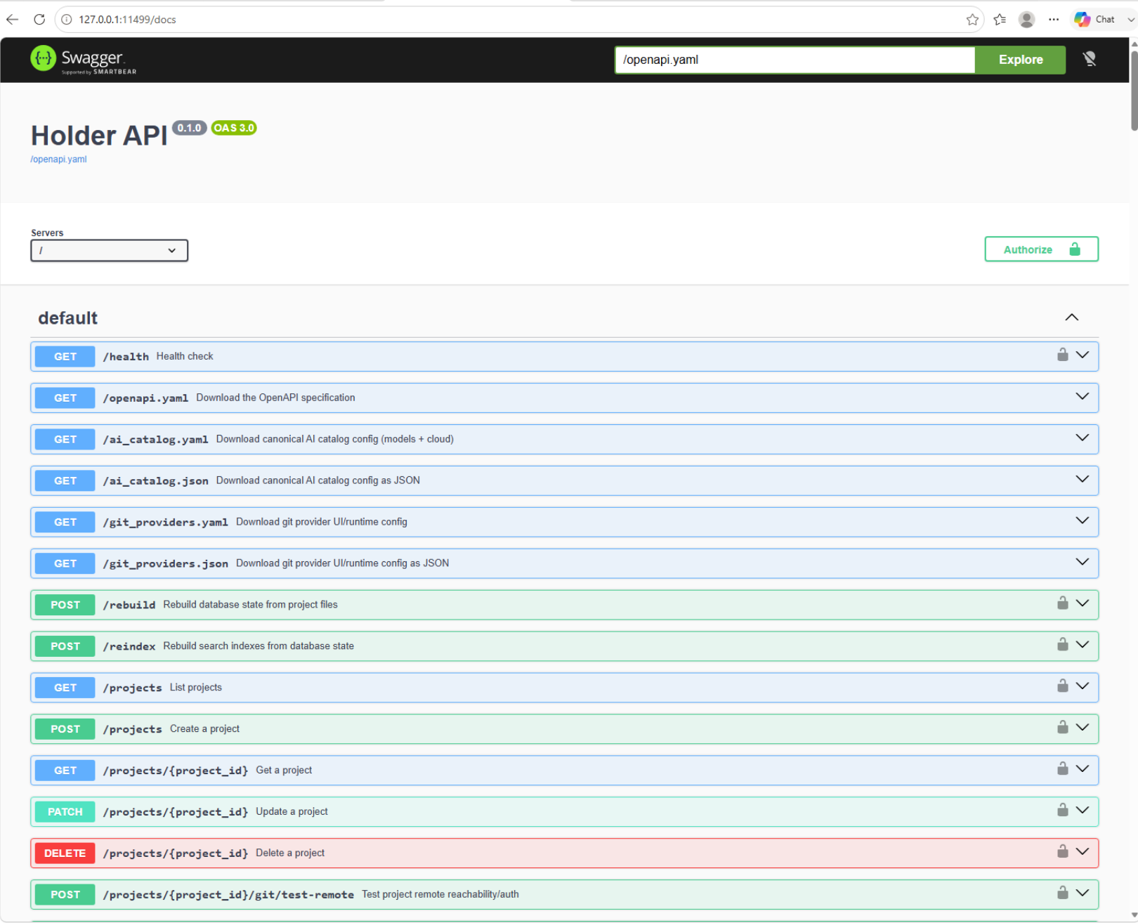Holder API documentation open in a browser on Windows