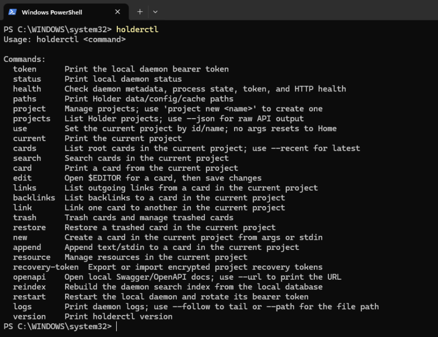 holderctl running in PowerShell on Windows